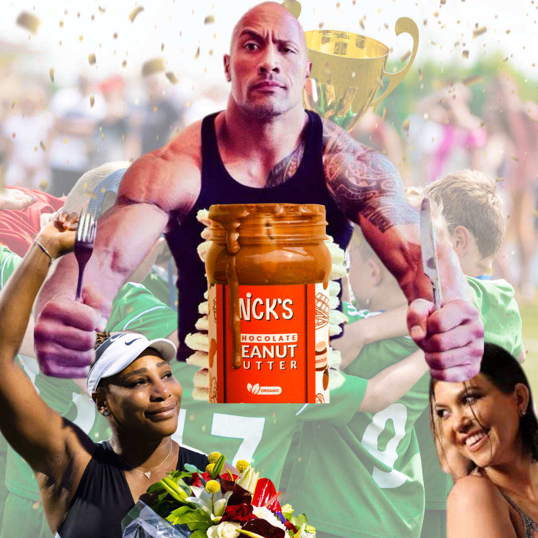 Nick's Chocolate Peanut Butter surrounded by fitness icons like Dwayne ‘The Rock’ Johnson, Serena Williams, and Kourtney Kardashian. A dynamic image highlighting energy, health, and fitness, perfect for fueling workouts and supporting an active lifestyle.