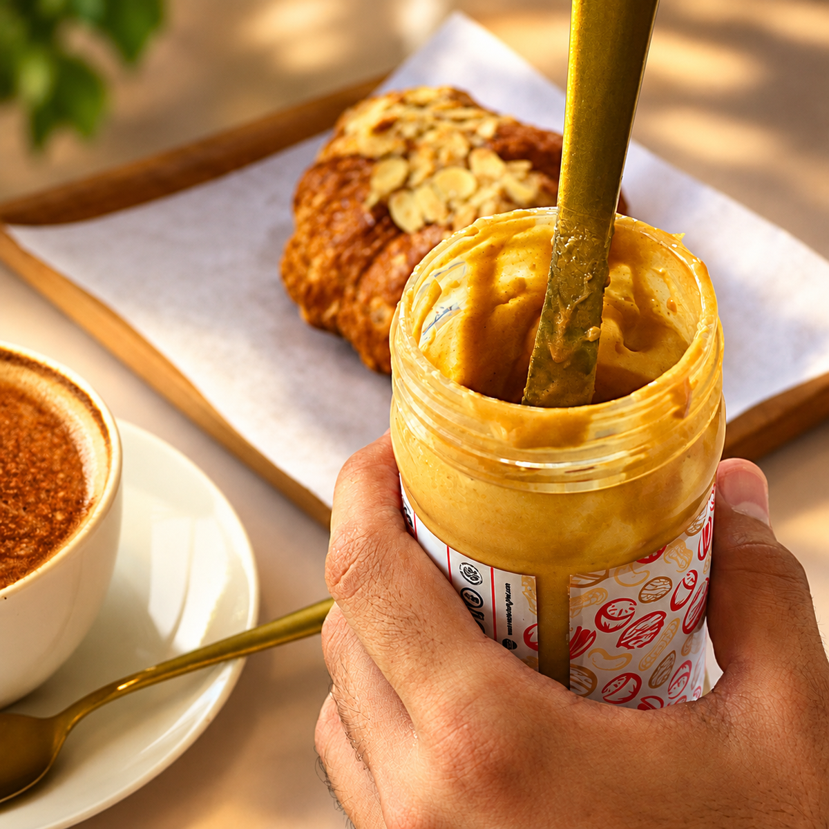 Close-up of a spoon digging into an open jar of NICK'S peanut butter